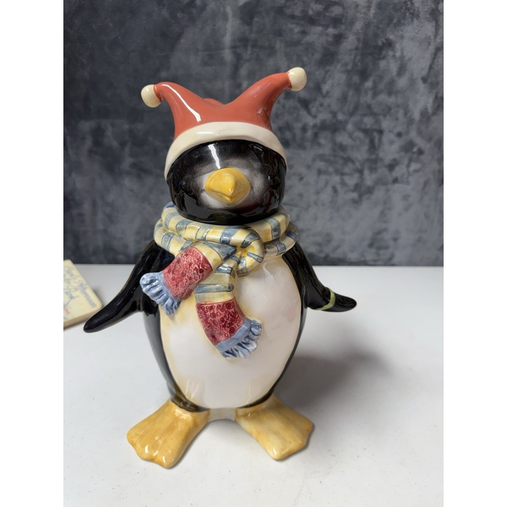 Penguin Canister Cookie Jar Winter Joy Scarf Jester Hat Oneida Christmas